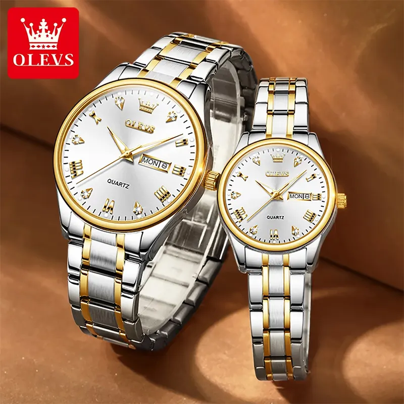 Olevs White Dial Two-tone Couple Watch | 5563